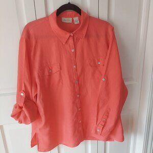 Studio Works Womens Size XL Salmon Pink Linen Roll Tab Sleeve Button Blouse Top